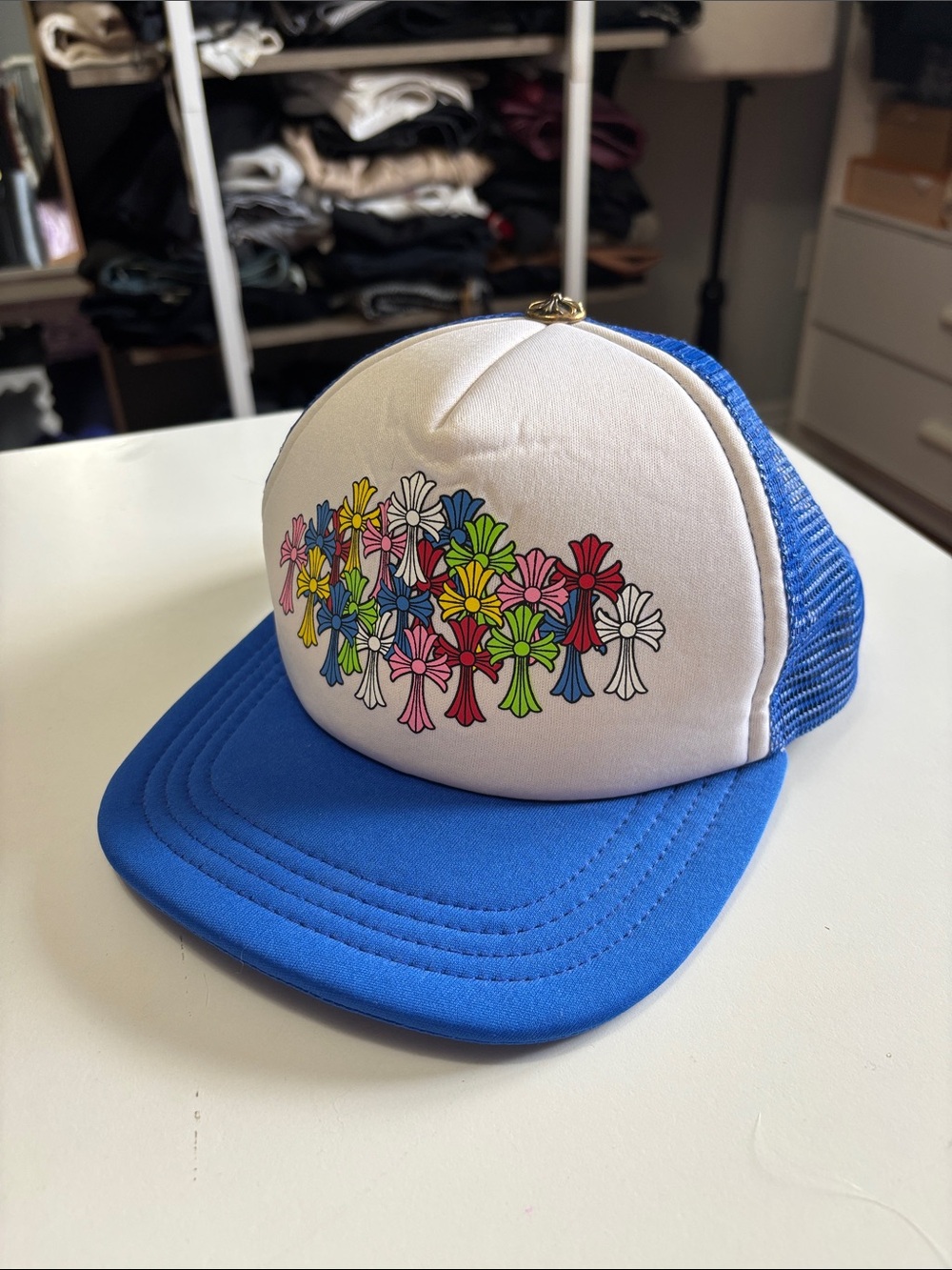 Chrome Hearts Multicolor Cross Trucker Hat Blue/White